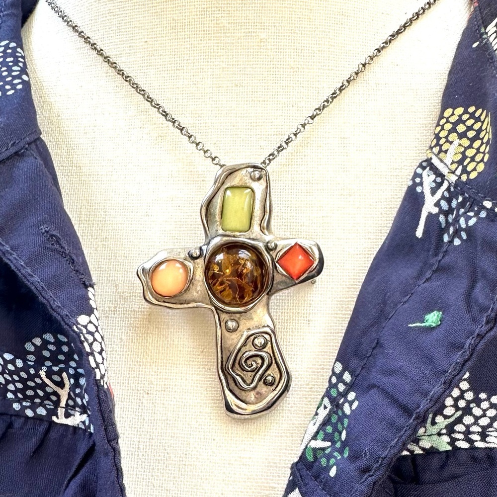Cross Pendant or Pin Colored stones & cool etching in EUC looks great both ways